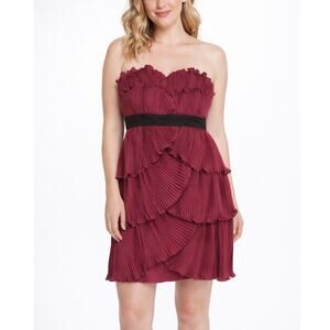 Max & Cleo Lipstick Red Pleated Ruffle Strapless Dress Black Waistband 14